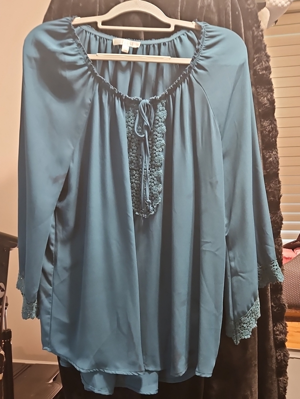 Spense Teal Peasant Tunic with Crochet Front